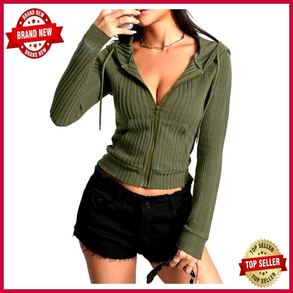 Cropped Zip Up Hoodie Cardigan Sweater Slim Fit Long Sleeve